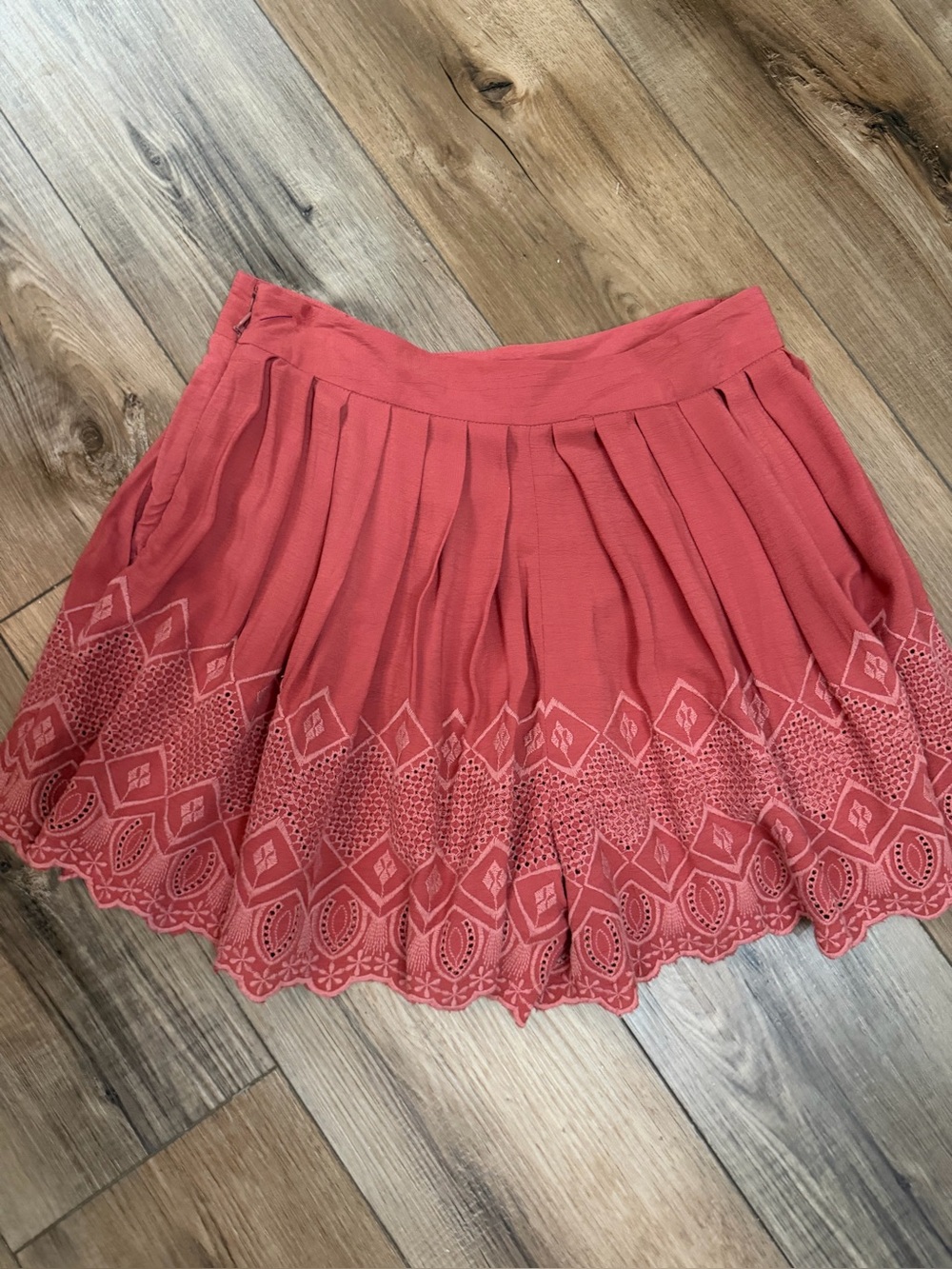 Free People Coral Pleated Embroidered Skort